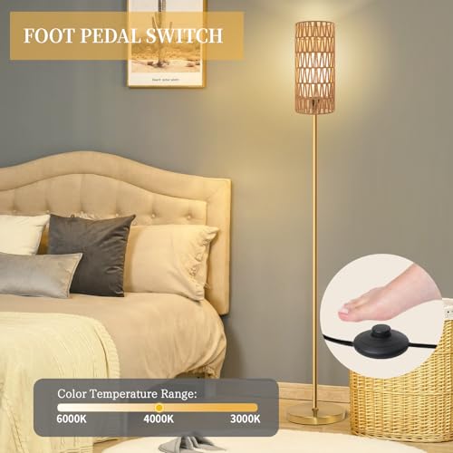 Ruiever Floor Lamp for Living Room,Farmhouse Floor lamp,Modern Standing lamp with Hand-Worked Rattan Shade (Round Rattan Shade Gold Color-3 Color Bulb) - style: Round Rattan Shade Gold Color-3 Color Bulb