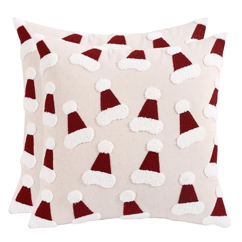 Christmas Tufted Throw Pillow Cover 18 x 18 inch Set of 2 Multiple Xmas Hats Pillow Covers 3D Christmas Party Decor Winter Holiday Cushion Case for Sofa Couch Bed Living Room - color: Multiple Christmas Hats, size: 18" x 18" (Pack of 2)