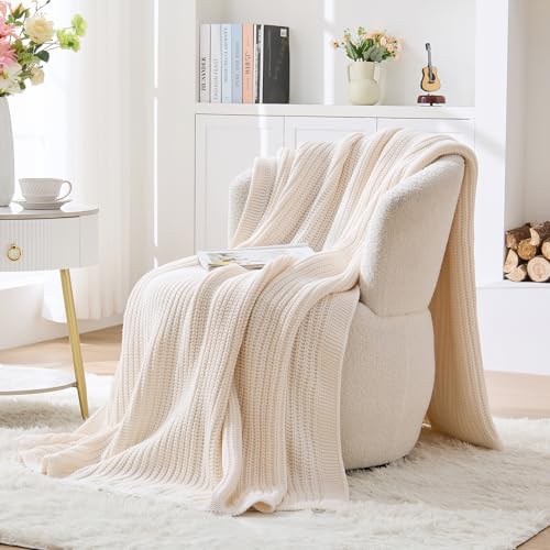 Cream White Chunky Knit Throw Blanket 50"x60" - Soft Cozy Thick Knitted Blanket for Couch Sofa Bed, Cute Christmas Decorative Throw for Living Room - color: Cream White, size: 50"x 60"