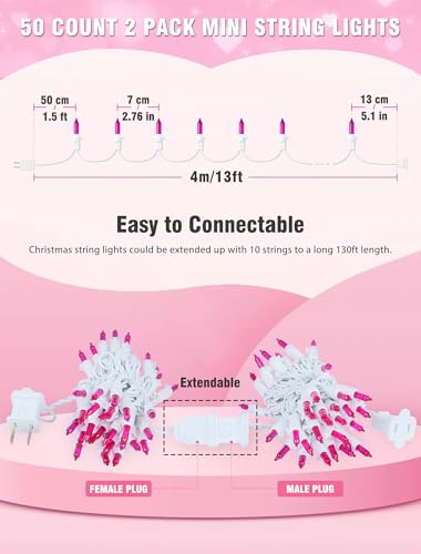 Hopolon Pink Mini Christmas Lights,2 Pack 13FT 50Count Fairy String Light Set,White Wire Incandescent Pink Valentines Day Lights Connectable for Indoor Outdoor Wedding Birthday Valentine’s Day Decor - color: Pink,White Wire, size: 2PACK, 50 count