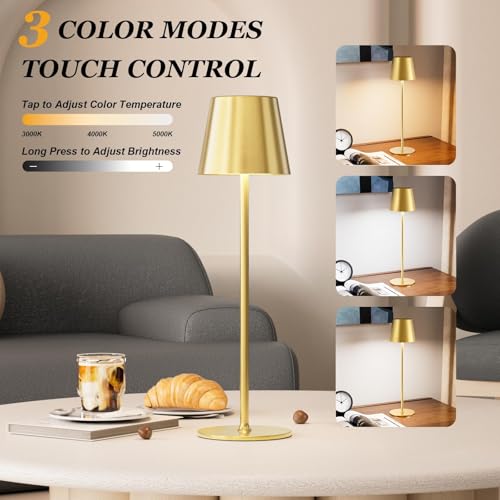 Kakanuo 20" Cordless Table Lamp Rechargeable Gold - 2 Pack 5000mAH Battery Operated Lamp for Counter, 3 Color Stepless Dimming Wireless Lamp for Dining Kitchen, Outdoor Patio, Touch Control - color: Gold 1, size: 2 Pack 20in - Down Light