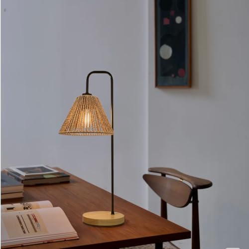 Small Bedside Night Table Lamp for Bedroom, Minimalist Nightstand Lamp with Boho Paper Rattan Shade, Study Reading Desk Lamp for Kids Room, Living Room, College Dorm, Home, Office