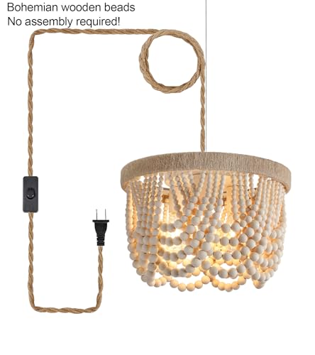 AMZASA Plug in Chandelier Boho Woven Hemp Rope Wooden Beaded Farmhosue Hanging Pendant Light Fixture with 14.8FT Cord On/Off Switch 3 Lights for Nursery Bedroom Living Room Dining Room UL Listed - color: Natural Hemp Rope