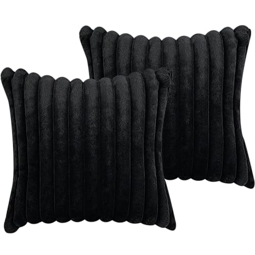 18x18 Throw Pillow Covers Set of 2, Decorative Faux Fur Covers for Bed, Couch Soft Fluffy Pillow Cover with Velvet Back for Living Room, Neutral Home Décor Accent for Sofa - Black - color: Black, size: 18" x 18" (Pack of 2)