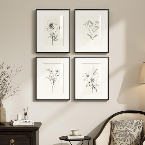 Framed Black and White Botanical Wall Art, Set of 4 Piece Vintage Minimalist Neutral Floral Prints Painting, Farmhouse Rustic Flower Artwork for Bedroom Living Room Fireplace Kitchen Walls, 11x14 Inch - color: Black and White, size: 11" W x 14" H x 4pcs