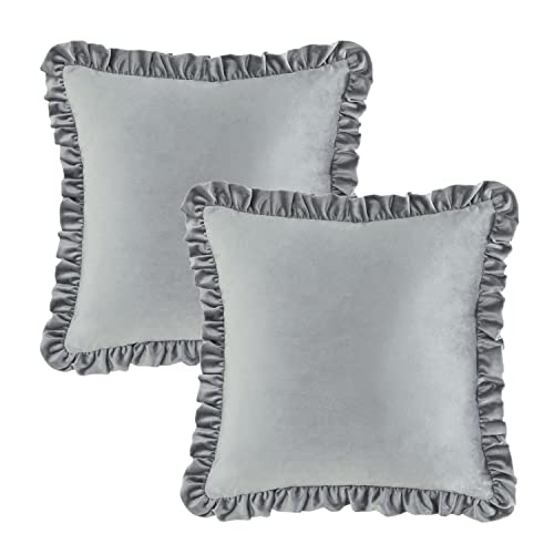 GIGIZAZA Grey 18x18 Luxury Pillow Covers, Set of 2 Decorative Velvet Ruffle Cushion Pillow Covers for Sofa Couch - color: Grey, size: 18" x 18" (Pack of 2)