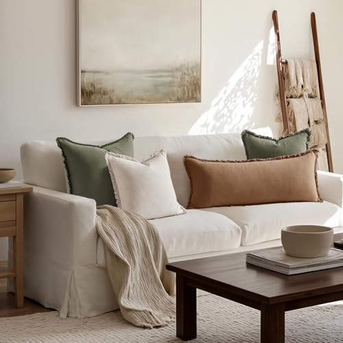 MIULEE Decorative Throw Pillow Covers Neutral Linen Fringe Throw Pillows Set of 1 Brown Boho Farmhouse Cushion Covers for Couch Sofa Bed Living Room Spring Home Decor 14x36 Inch - color: Brown