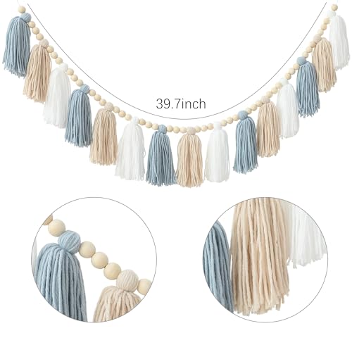 DCJHFJ Boho Blue Tassel Garland Wall Hanging with Wood Beads for Baby Shower Kids Room Bedroom Nursey Back to School Decorations - color: Blue