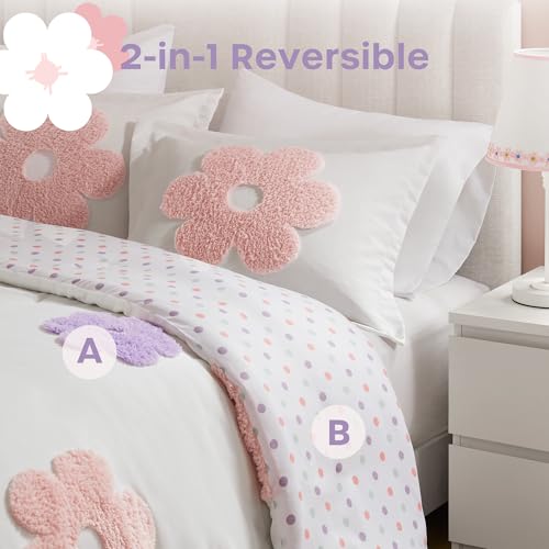Intelligent Design Kids Full Comforter Set for Girls, Tufted Chenille Floral Comforter Set Queen, Lightweight Polka Dot Reversible Bed Set, Shams, Pillow, Gracie, Full/Queen White/Purple 4 Piece - color: White/Purple, size: F/Q Comforter