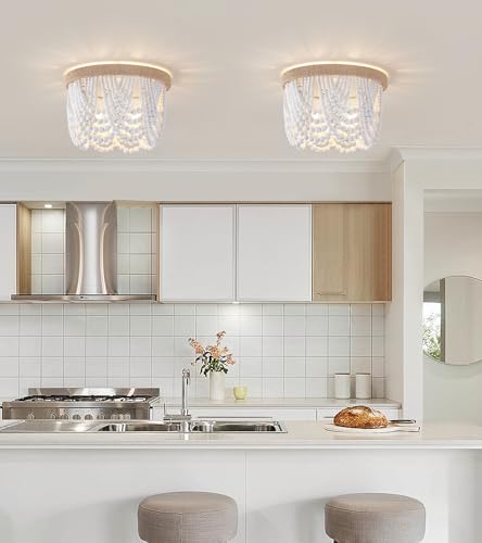 AMZASA White Boho Wood Beaded with Hemp Rope Flush Mount Ceiling Light Farmhouse Small Chandelier Light Fixture for Bedroom Hallway Entryway Closet Kitchen Dining Room Living Room Nursery - color: White