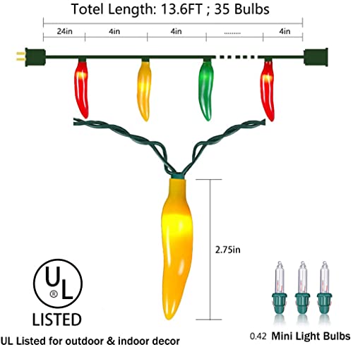 Multicolor Chili Pepper Lights, 13.6Ft Christmas Decorative String Lights with 35 Red Green Yellow Chili Light, Connectable Chili Pepper Lights for Outdoor Indoor Xmas Party Kitchen Garden - color: Multicolor Chili Pepper Light
