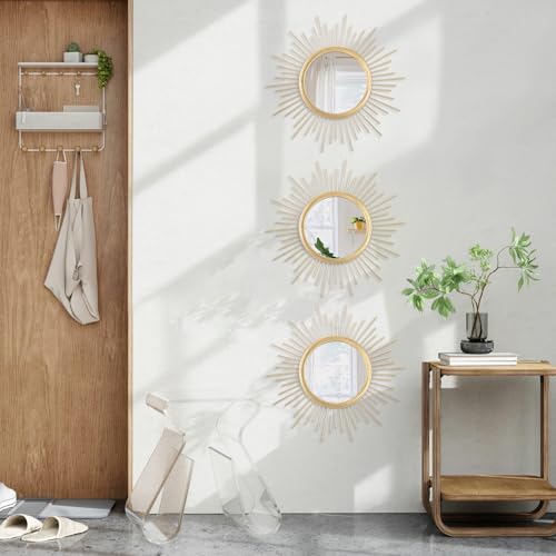 3 Pack Metal Mirrors for Wall Gold Sunburst Wall Mirrors Home Décor Art Decorative Modern Bohemian Hanging Wall Art for Living Room Bedroom Bathroom Entryway Small 12'' - color: Sunburst-gold, size: 3 Set 12"L x 12"W