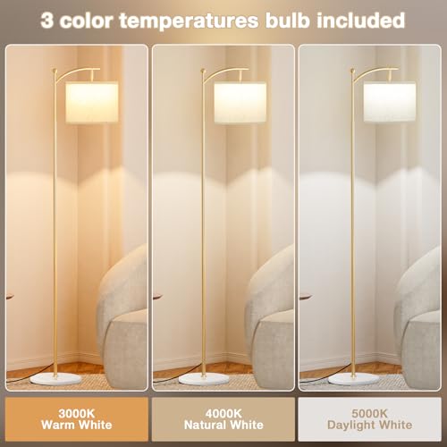 Ambimall 60" Floor Lamp for Living Room with 3 Color Temperatures, Gold Standing Lamp with White Marble Base, Modern Tall Lamp for Bedroom Office, 9W LED Bulb Included - color: Marble Base & Gold