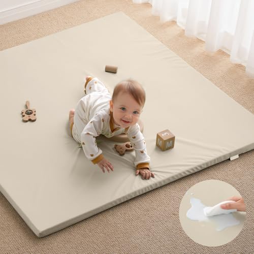 Blissful Diary Vegan Leather Baby Play Mat, 50x50 Thick Foam Cushioned & Waterproof Playpen Mat for Infants and Toddlers, Stylish and Just Wipe-Clean Playmat for Baby Play on Floor, Beige - color: Beige, size: 50" X 50"