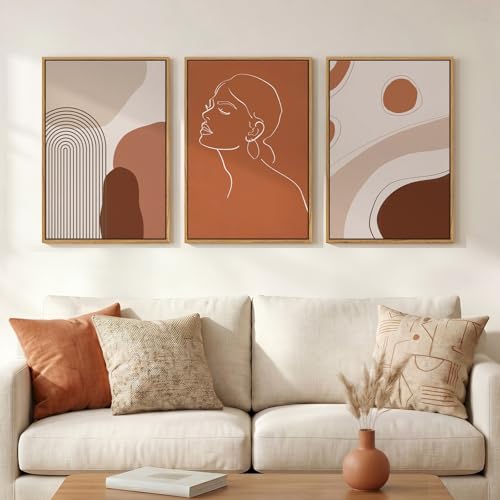 Framed Mid Century Modern Boho Wall Art for Living Room, 3 Piece Abstract Minimalist Line Canvas Artwork for Walls, Large Terracotta Tones Prints Paintings for Bedroom Hallway Wall Decor, 16x24 Inch - color: Brown, size: 24" H x 16" W x 3Pcs