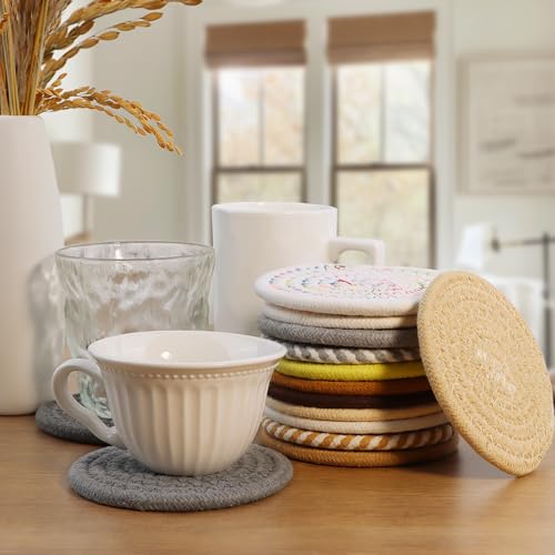 Coasters Set of 4 for Drinks, Cotton Woven 4 Colors Absorbent Boho Coasters for Home Decor Cups - Hot or Cold Drink Thickened (Lemon Yellow) - color: Lemon Yellow