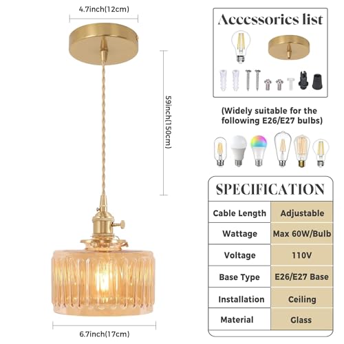 Amber Striped Glass Pendant Light, 1 Natural Light Bulb Included, Adjustable Cord with Switch, Suitable for Kitchen Island/Dining Room - color: Amber 1pc Ribbed Glass Pendant Light