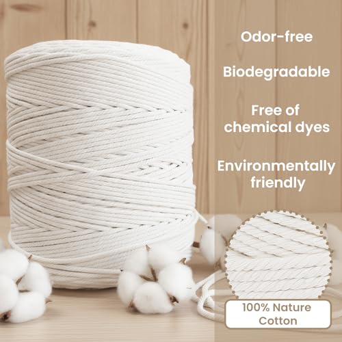 547 Yards Macrame Cord 4 Strand Twisted Recycled Cotton 4mm White String for Crafts Wall Hangings Plant Hangers DIY Knitting Macrame Supplies - color: White, size: 4mmx547Yards