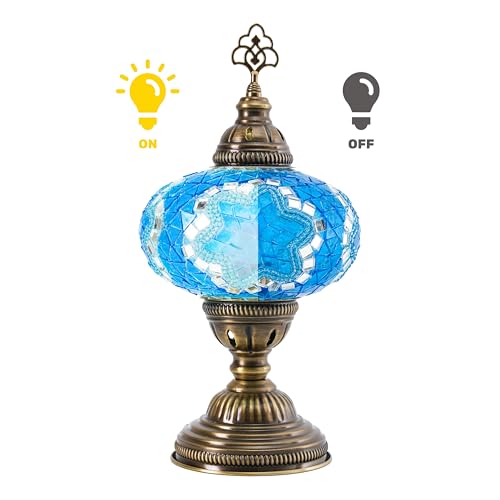 Turkish Mosaic Table Lamp with Bulb – Handmade Turquoise Blue Stained Glass Bedside Light, Authentic Vintage Boho Decor with E12 Socket & US Plug - color: Turquoise Blue