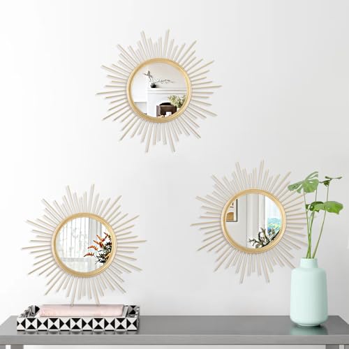 3 Pack Metal Mirrors for Wall Gold Sunburst Wall Mirrors Home Décor Art Decorative Modern Bohemian Hanging Wall Art for Living Room Bedroom Bathroom Entryway Small 12'' - color: Sunburst-gold, size: 3 Set 12"L x 12"W