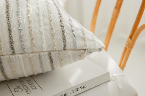 Set of 2 Multicolor Candlewick Striped Boho Throw Pillow Covers, Textured Cotton-Linen Woven Pillow Covers for Couch and Bed - 18"x18", Cream