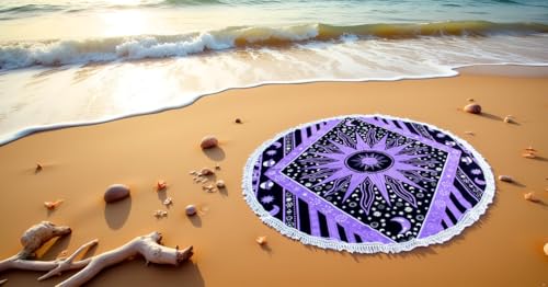 Round Beach Tapestry Mandala Boho Hippie Blanket Indian Cotton Bohemian Large Table Cloth Home Decor Yoga Mat Meditation Picnic Rug Throw Hippy Boho Gypsy Tablecloth Roundie (42 Inches, Purple) - color: Purple, size: 42"L x 42"W
