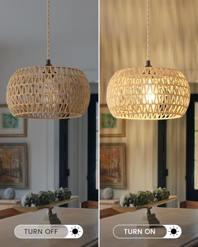 Rattan Boho Hanging Light,12.6'' Natural Hand Woven Fabric Drum Light,Plug Into Wall Outlet Pendant Light Fixture On/Off Switch for Dining,Living Room,Bedroom,Kitchen,Hallway Entryway, Without Bulb - size: 12.59'' x 6.49''
