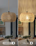Rattan Boho Hanging Light,12.6'' Natural Hand Woven Fabric Drum Light,Plug Into Wall Outlet Pendant Light Fixture On/Off Switch for Dining,Living Room,Bedroom,Kitchen,Hallway Entryway, Without Bulb - size: 12.59'' x 6.49''