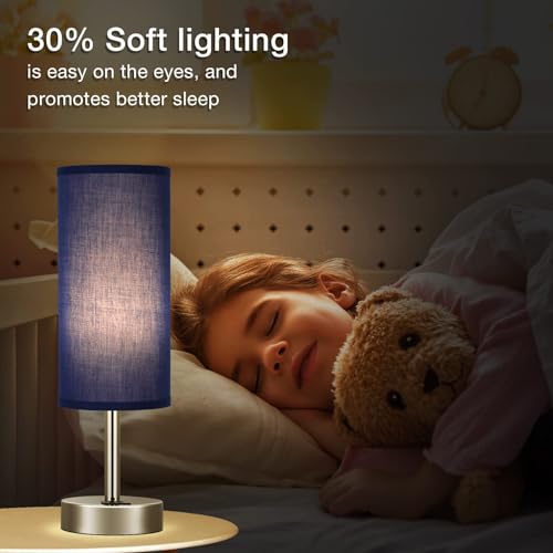 Dicoool Navy Blue Touch Lamp for Boys - Small Nightstand Lamp with USB-C and USB Charging Ports, 3 Way Dimmable Bedside Table Lamp with Fabric Shade Silver Base for Nursery, Dorm, Office, Reading - color: Blue-Silver Metal, size: 14in