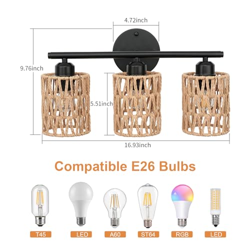 Frideko 3-Light Bathroom Vanity Light Fixtures, Modern Rattan Bathroom Lighting Fixtures Over Mirror, Boho Wall Sconces with Woven Lampshade, Black Wall Lamp for Farmhouse Living Room Bedroom