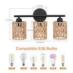 Frideko 3-Light Bathroom Vanity Light Fixtures, Modern Rattan Bathroom Lighting Fixtures Over Mirror, Boho Wall Sconces with Woven Lampshade, Black Wall Lamp for Farmhouse Living Room Bedroom