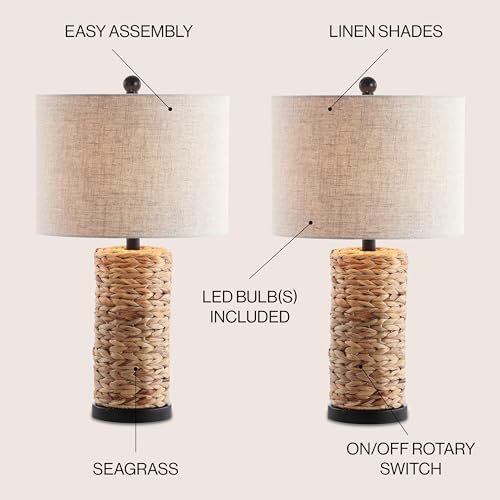 JONATHAN Y 25" Natural Coastal Water Hyacinth Table Lamp Set of 2, Bedside Lamp with Light Grey Linen Shade, Boho Farmhouse Decor for Living Room Nightstand, LED Bulbs JYL6502A-SET2 - color: Natural