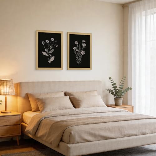 2Pc Framed Canvas Black Floral Wall Art Dark Toned Floral Painting Picture Wall Decor Vintage Plants Poster Print Artwork For Living Room Bedroom Office 16x24 Inches Can Be Hung Directly - color: Blackened flowers, size: 24"L x 16"W