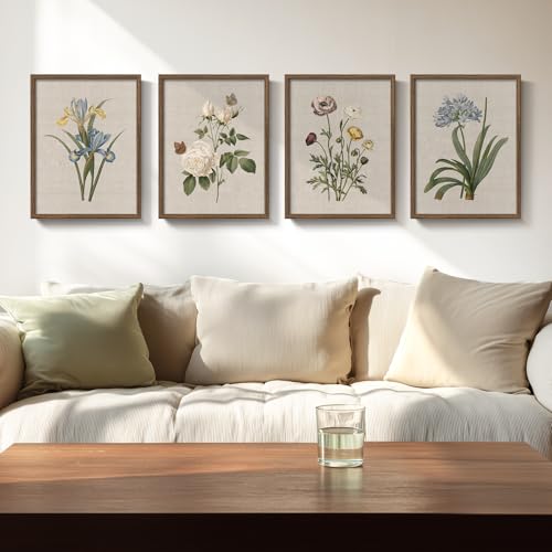 Framed Vintage Botanical Wall Art, 4 Piece Rustic Floral Painting Canvas Prints for Living Room Bedroom Dining Room Kitchen Hallway, Flower Butterfly Pictures for Farmhouse Wall Decor, 12x16 Inch - color: Floral - Walnut Framed, size: 12" W x 16" H x 4pcs