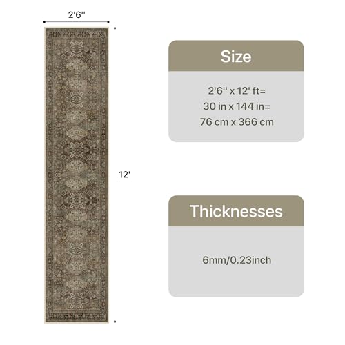 Bavni Washable Runner Rug 2’6”x12’, Non Slip Long Hallway Runner, Vintage Aesthetic Ultra Thin Low Pile Washable Carpet for Kitchen Bedroom, Brown - color: Brown, size: 2'6" x 12' (Rectangular)