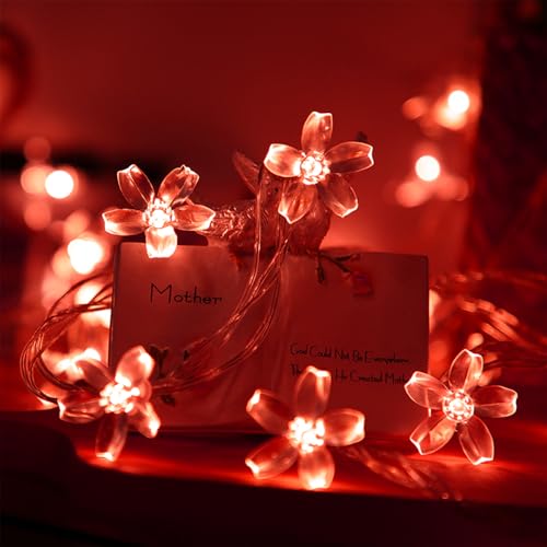 Battery & USB Operated 10ft Red Cherry Blossom Flower Fairy Lights String | Cute Flower String Lights With Timer For Bedroom, Party, Wedding, Christmas, Easter Tree Branch Hanging Romantic Decorations - color: 10ft Red Flower Lights