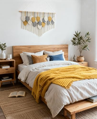 Tempospark Large Macrame Wall Hanging, 39" Wx29 L Boho Wall Hanging, Boho Chic Leaves Tassels Tapestry for Bedroom, Living Room, Dining Room, Nursery, Hallway, Balcony - color: Golden Wheat, size: 29"L x 39"W
