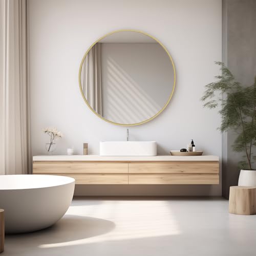 NEWBULIG 28IN Round Bathroom Wall Mirror, Modern Vanity Mirrors for Over Sink, HD Glass Decorative for Entryway, Bedroom & Living Room, Anti-Rust, Tempered Glass, Hanging or Leaning, Gold - color: Gold, size: 28"L x 28"W