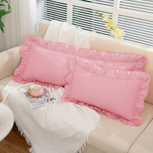 Pink Ruffle Lumbar Pillow Cover 12x20 Inch, Ruffled Cushion Case Covers for Couch Sofa Bed Living Room, Decorative Farmhouse Throw Pillow Cover, Pack of 1 - color: Pink, size: 20" x 12" (Pack of 1)