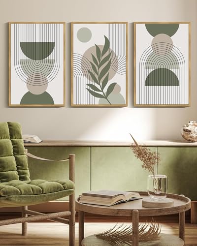 Drsoum 16x24in Large Boho Wall Art Green Sage Decor Framed Wood Modern Bohemian Abstract Geometry Canvas Prints Ready to Hang for Bedroom - color: green boho decor, Natural Framed, size: 16" x 24"