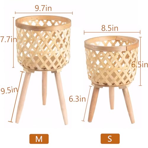 Boho Rattan Plant Stand Set of 2 – Handwoven Tall Elevated Wicker Plant Baskets for Indoor Plants, Mid-Century Modern Wooden Planter Holder with Tripod Legs, Farmhouse Home Decor - size: 2 pieces（S+M）