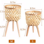 Boho Rattan Plant Stand Set of 2 – Handwoven Tall Elevated Wicker Plant Baskets for Indoor Plants, Mid-Century Modern Wooden Planter Holder with Tripod Legs, Farmhouse Home Decor - size: 2 pieces（S+M）