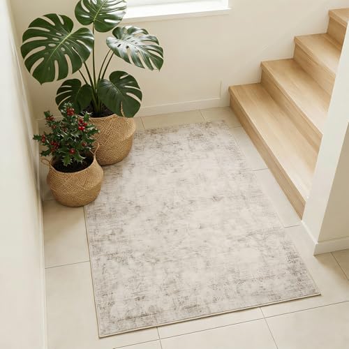 Area Rug 2x3 Washable Entry Mat, Indoor Mats for Entryway, Vintage Distressed Boho Small Rug, Low Pile Non Slip Doormat Indoor Entrance for Bathroom Bedroom Living Room Hallway Front Door-Beige 2'x3' - color: Beige, size: 2' x 3' (Rectangular)