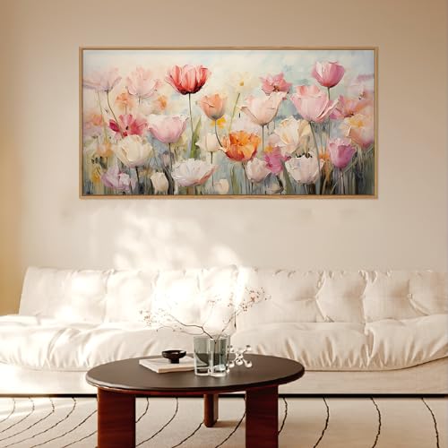 HPNIUB Large Nature Wildflowers Framed Wall Art Pink Floral Canvas Oil Painting Modern Aesthetic Wall Decor Abstract Flower Artwork for Living Room Bedroom Decor -20"x40" - color: Pink Wildflowers Wall Art, size: 40"L x 20"W