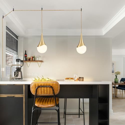 MWZ Gold Plug in Pendant Light,Hanging Lights with Plug in Cord On/Off Switch, Mini Brass Pendant Lights for Kitchen Island,1-Light Modern Raindrop Chandelier Lamps with Milky White Globe Glass Shade - color: Gold+White, size: 1 Pack-Plug in