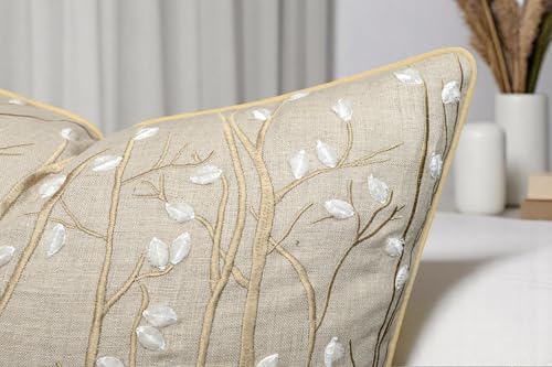 VAGMINE Embroidered Magnolia Branch Botanical 18x18 Throw Pillow Cover - Natural Linen Square Cushion for Sofa Couch Bed - Cottagecore Farmhouse Spring Decor - Forest - color: Natural-forest, size: 18" x 18" (Pack of 1)