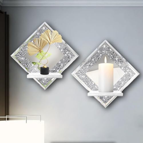 ZOLAPI Crystal Crush Diamond Wall Candle Holder Set of 2, Diamond Silver Mirrored Candle Sconces, Home Wall Decoration for Living Room, Dining Room & Bedroom. - color: Silver Mirror ◆