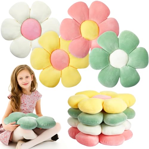 Reginary 4 Pcs Flower Floor Pillows Cute Plush Flower Throw Pillows Daisy Floor Seat Cushion Chair Pads for Back to School First Day of School for Sofa Couch Bed Decor(15 Inch,Light Color) - color: Light Color