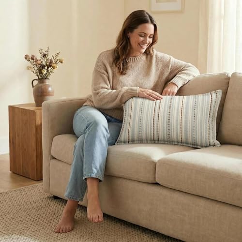 Mantle & Mason Boho Farmhouse Lumbar Pillow Covers 12x20 Set of 2, French Vintage Blush Pink Couch Pillow Covers, Jacquard Decorative Lumbar Pillow Cases for Living Room Decor - color: Stripe Blue, size: 20" x 12" (Pack of 2)