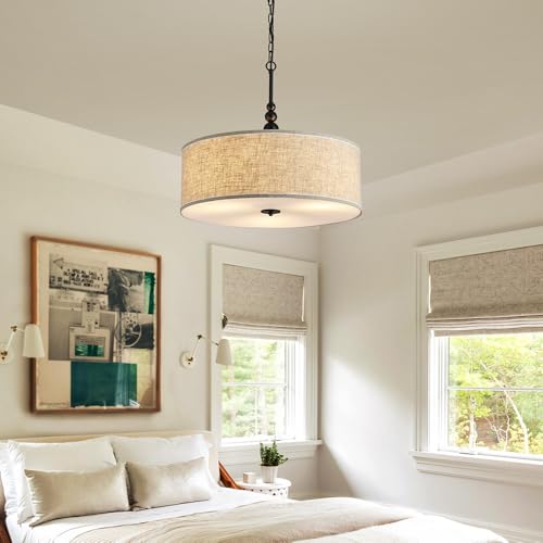 Shrine Lighting Drum Chandeliers, Farmhouse Style, Perfect Drum Pendant Light for Dining Room, D21'' x H8'', Adjustable Chains 59'', E26*3 Sockets, Beige Linen Fabric Lampshade & Black Rod - color: Beige&Black D20''